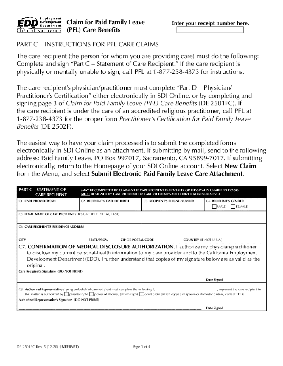 CA De 2501FC 2020 2025 Form Printable Blank PDF Online