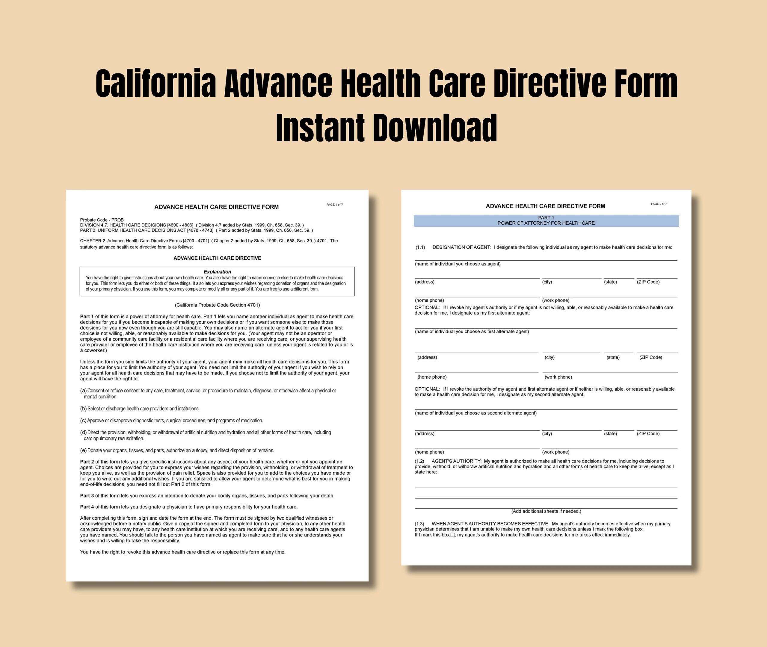 California Advance Health Care Directive Form Instant Download Etsy