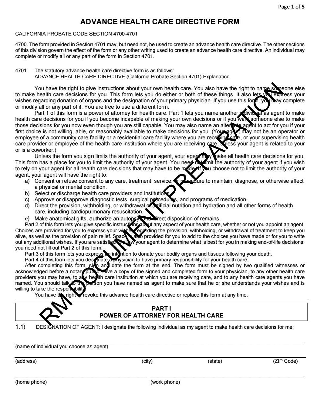 California Advanced Health Care Directive Form Blank PDF Fill able
