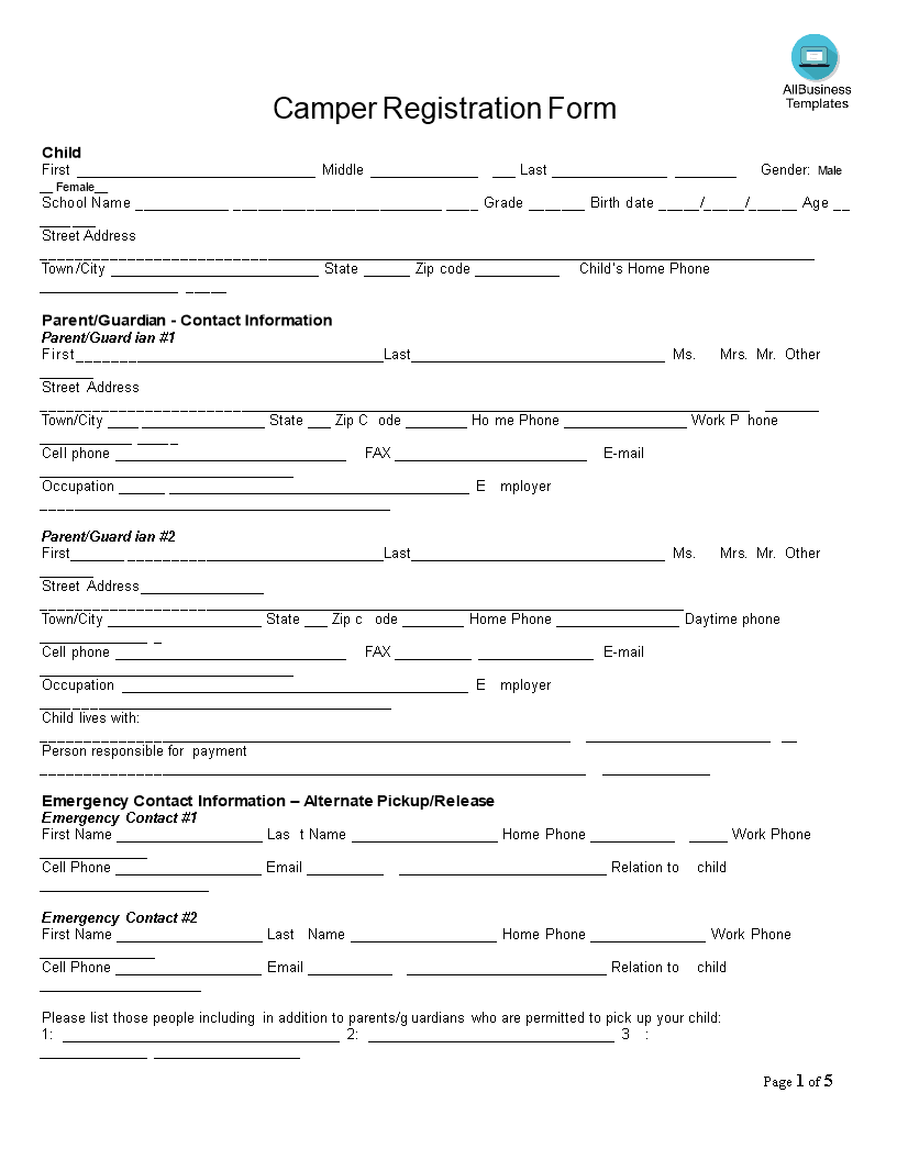 Camp Registration Form Templates At Allbusinesstemplates