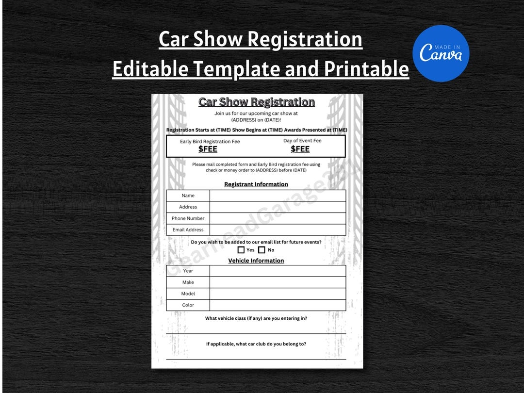 Car Show Entry Form Classic Car Show Custom Car Show Car Show Template Exotic Car Euro Car Vintage Vehicle Car Show Sign In Sheet Etsy