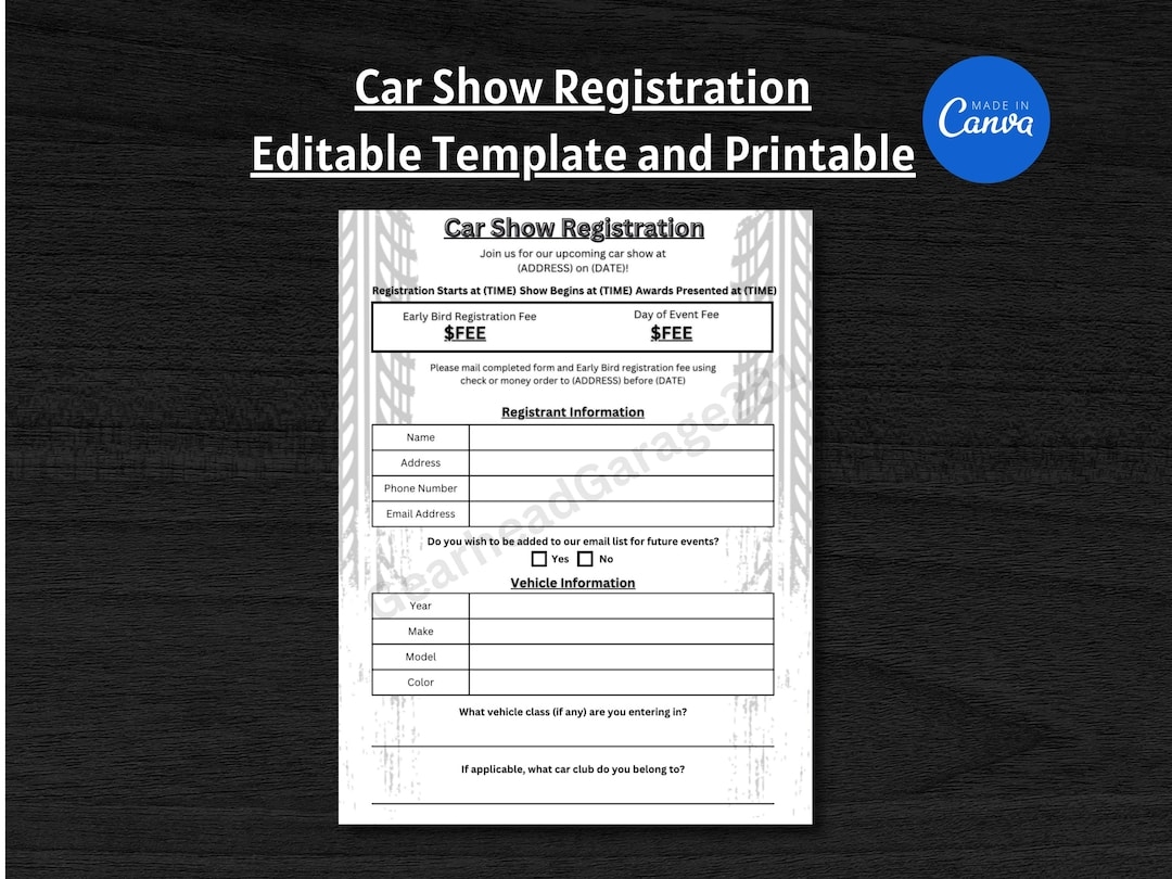 Car Show Entry Form Classic Car Show Custom Car Show Car Show Template Exotic Car Euro Car Vintage Vehicle Car Show Sign In Sheet Etsy