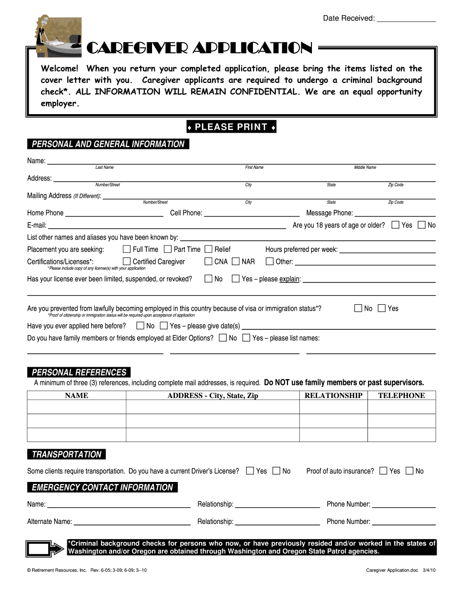 Caregiver Application Form Printable Blank PDF Online