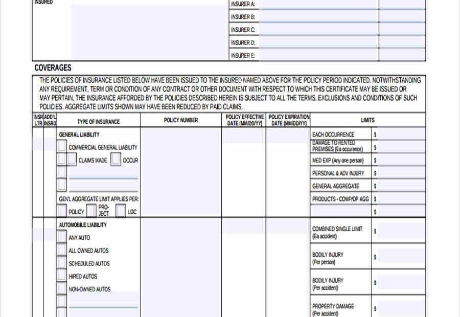 Certificate Liability Insurance Form