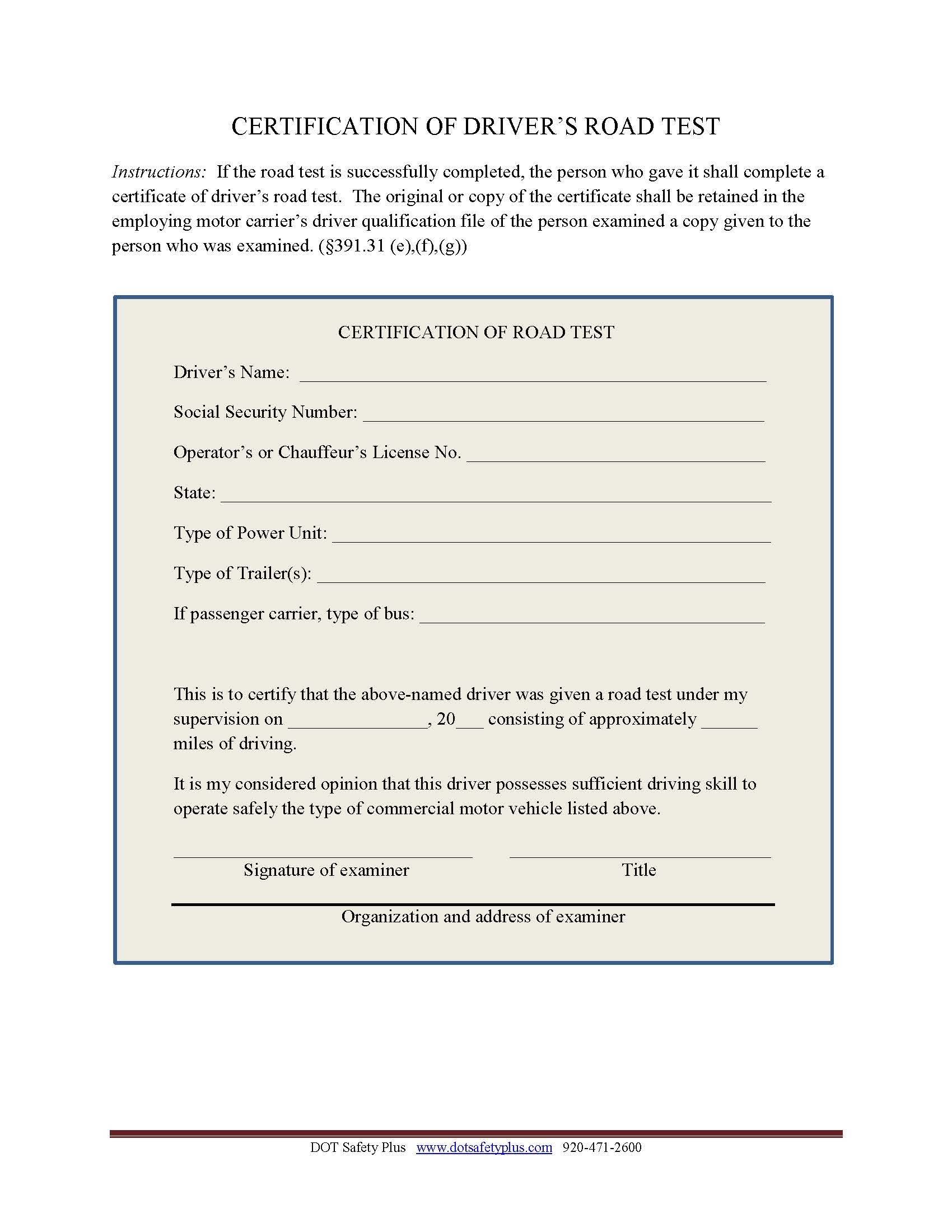 Certificate Of Driver Road Test DOT Safety Plus