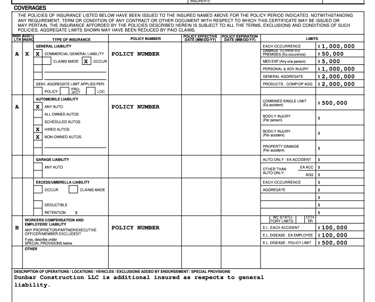 Certificate Of Insurance Template Free