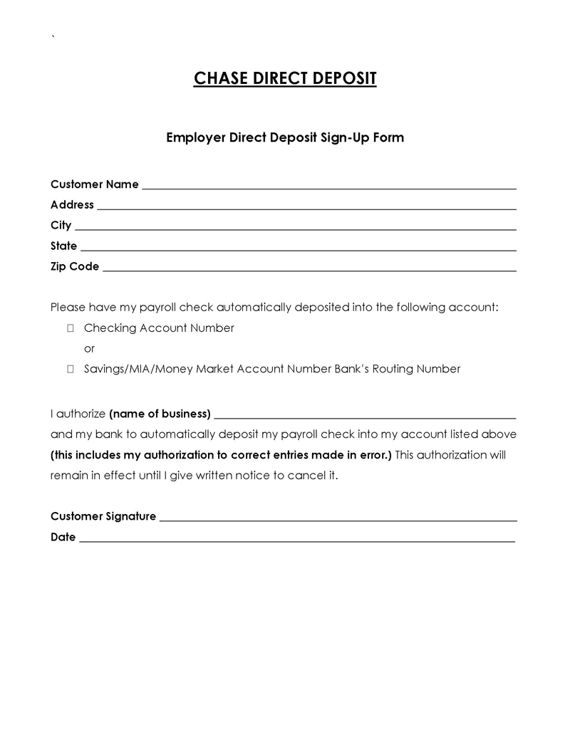 Chase Bank Direct Deposit Form Free Templates 