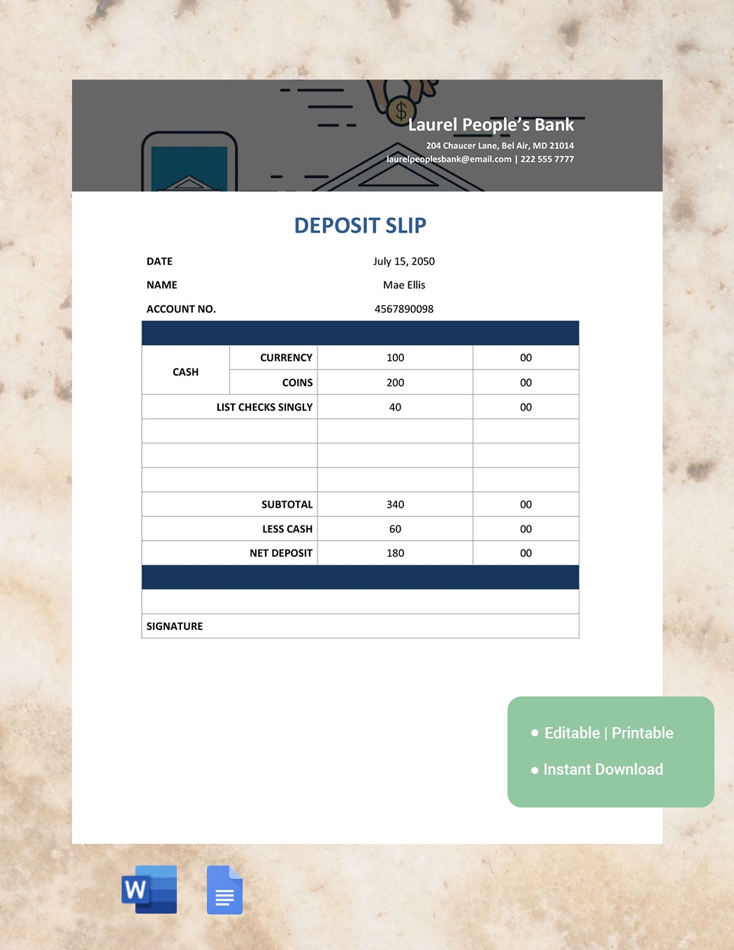 Chase Deposit Slip Template In Word Google Docs Download 