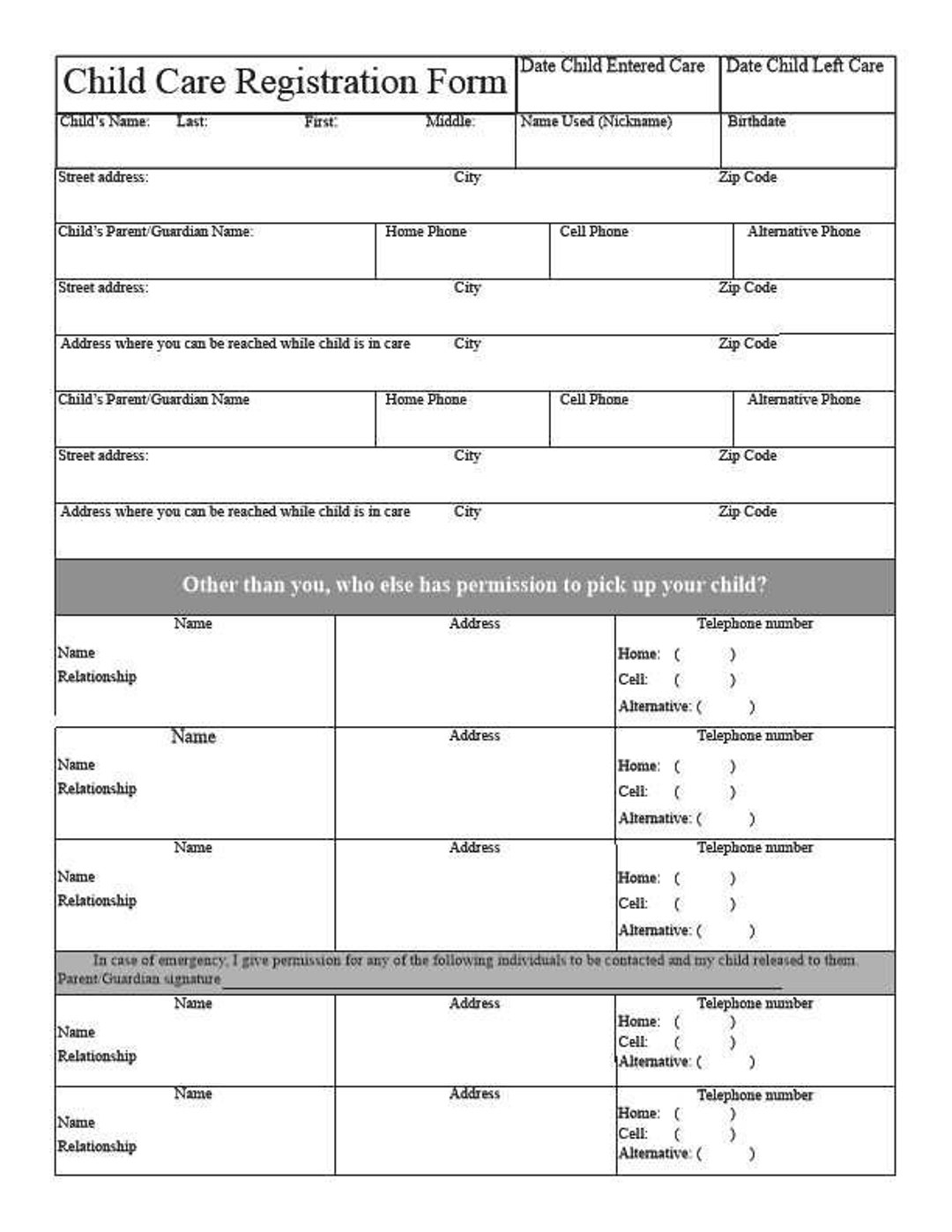 Child Care Registration Form Instant Digital Download Etsy