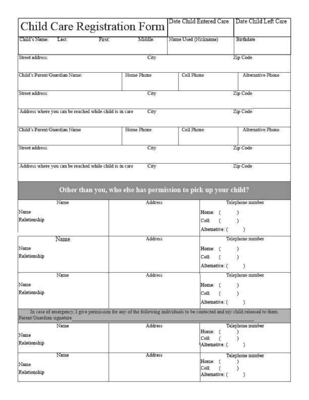 Child Care Registration Form Instant Digital Download Etsy