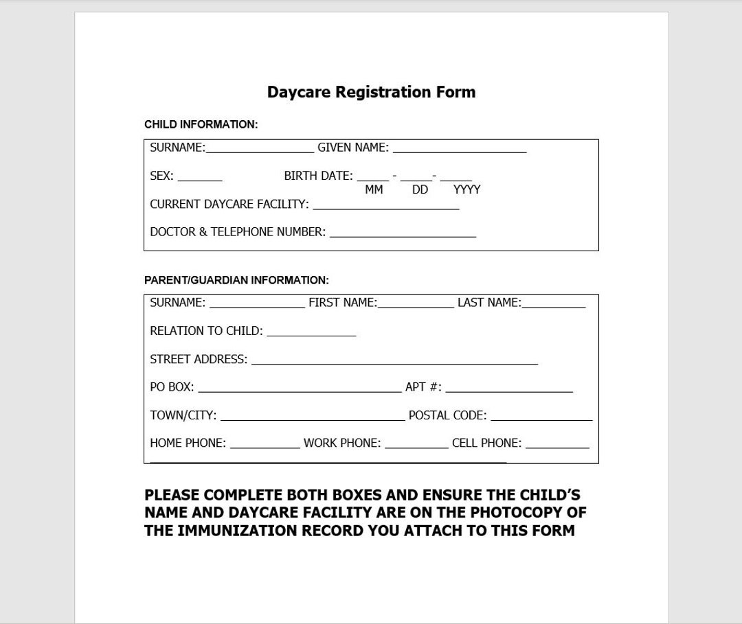 Child Daycare Registration Form Child Daycare Registration Form Template Daycare Registration Form Daycare Registration Form Template Etsy
