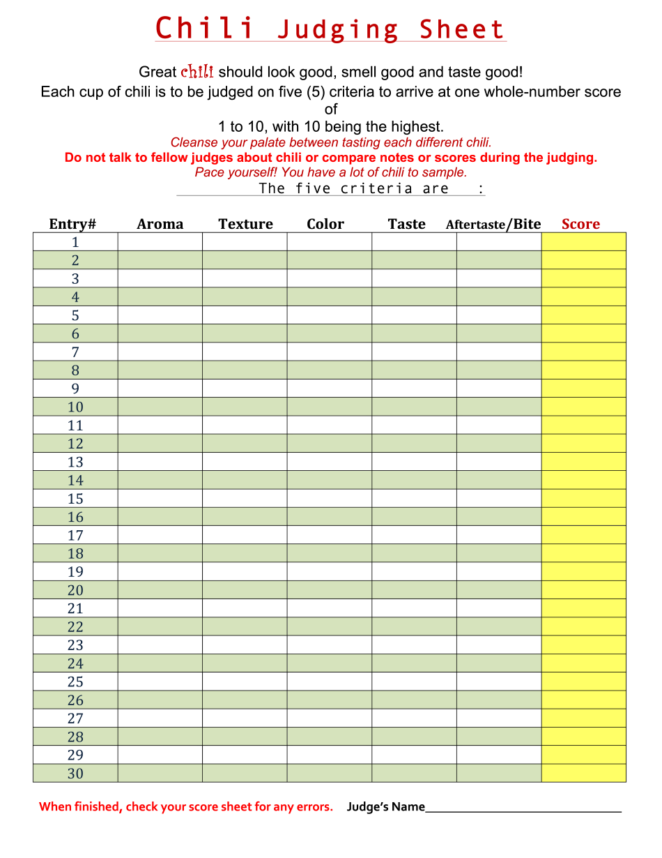 Chili Cook Off Judging Sheet Printable Blank PDF Online