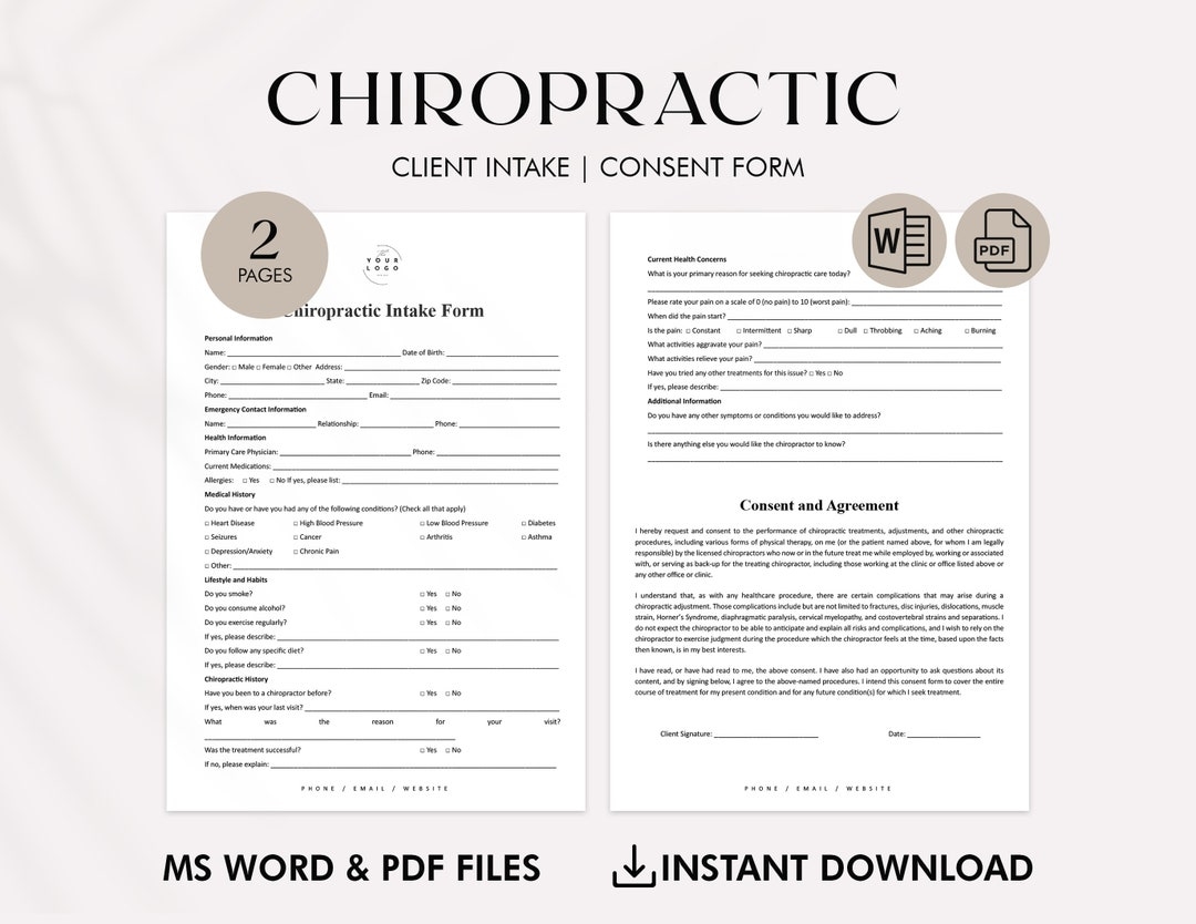 Chiropractic Intake Form PDF Editable Chiropractic Consent Form Template Patient Information And Health History Forms Word Etsy