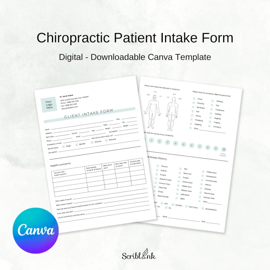 Chiropractic New Patient Information History PDF Canva Template Downloadable Chiropractor Personalize Patient Form Chiropractor Office Etsy