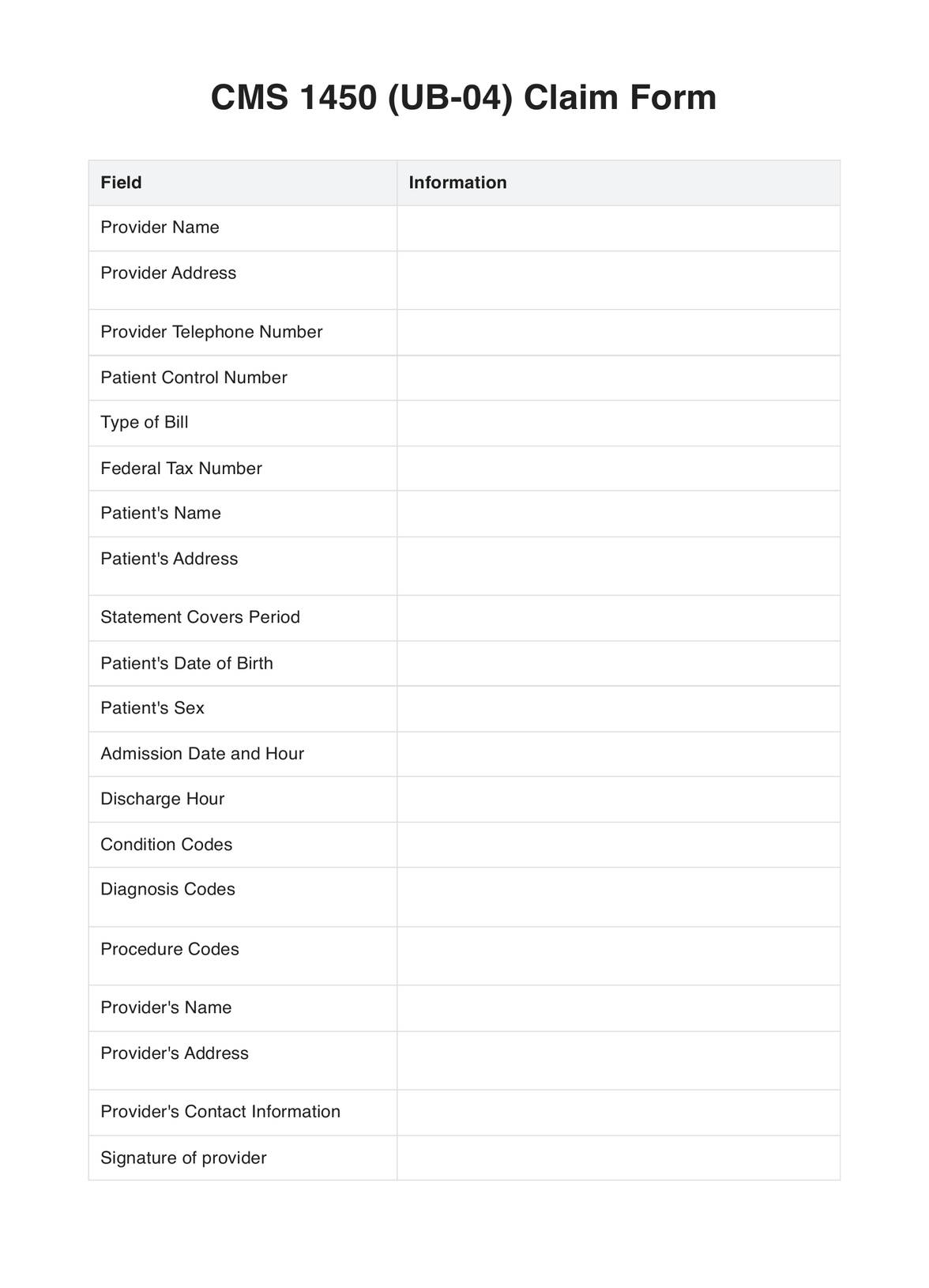 CMS 1450 Claim Form U0026 Example Free PDF Download