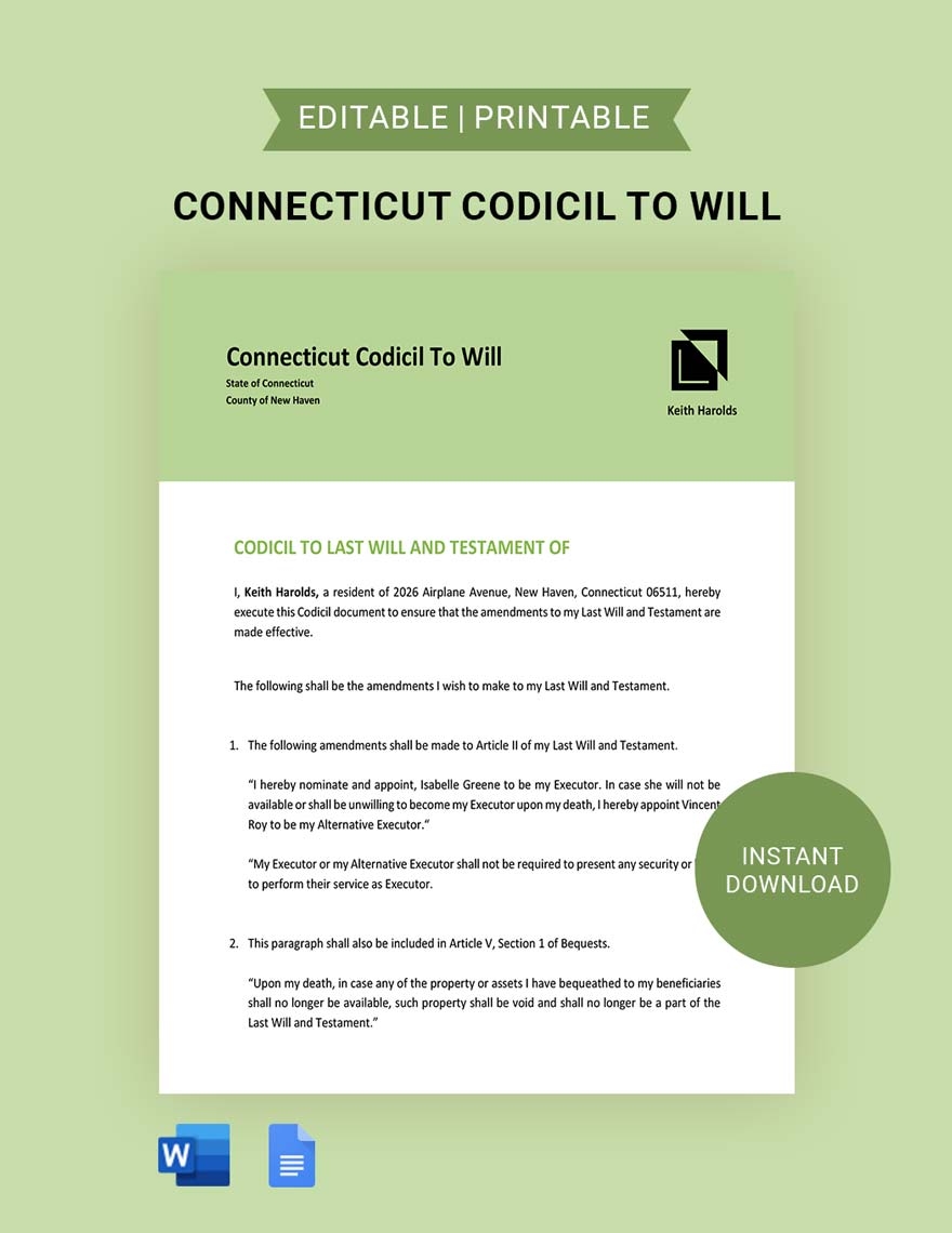 Connecticut Codicil To Will Template In Google Docs Word Download Template