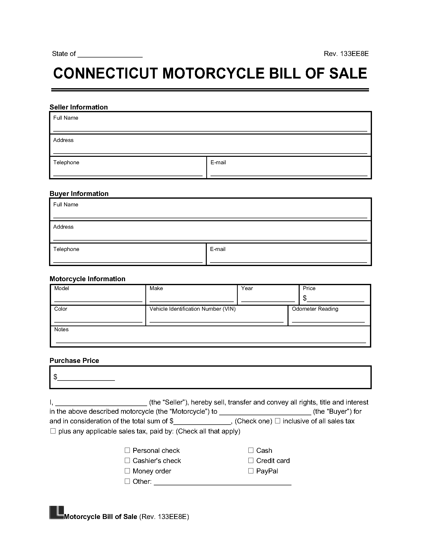 Connecticut Motorcycle Bill Of Sale Legal Templates