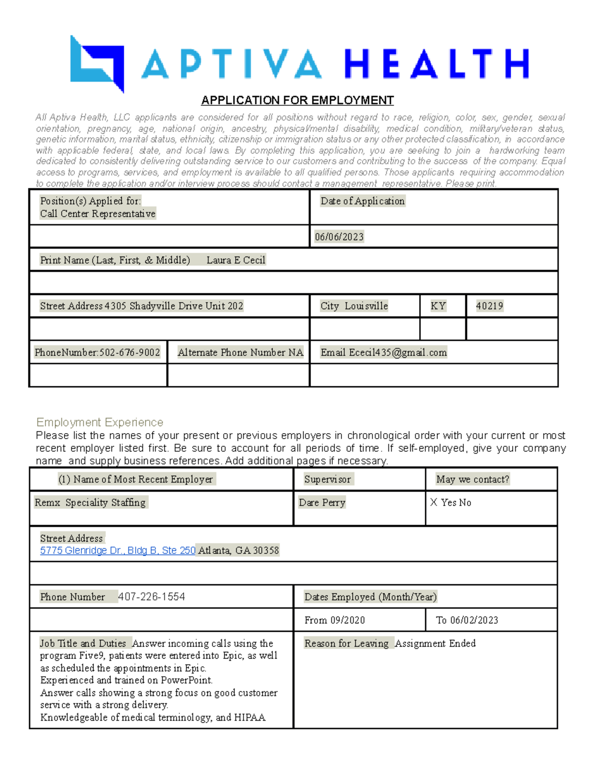 Copy Of AH Application For Employment 12 19 22 PDF APPLICATION FOR EMPLOYMENT All Aptiva Health Studocu