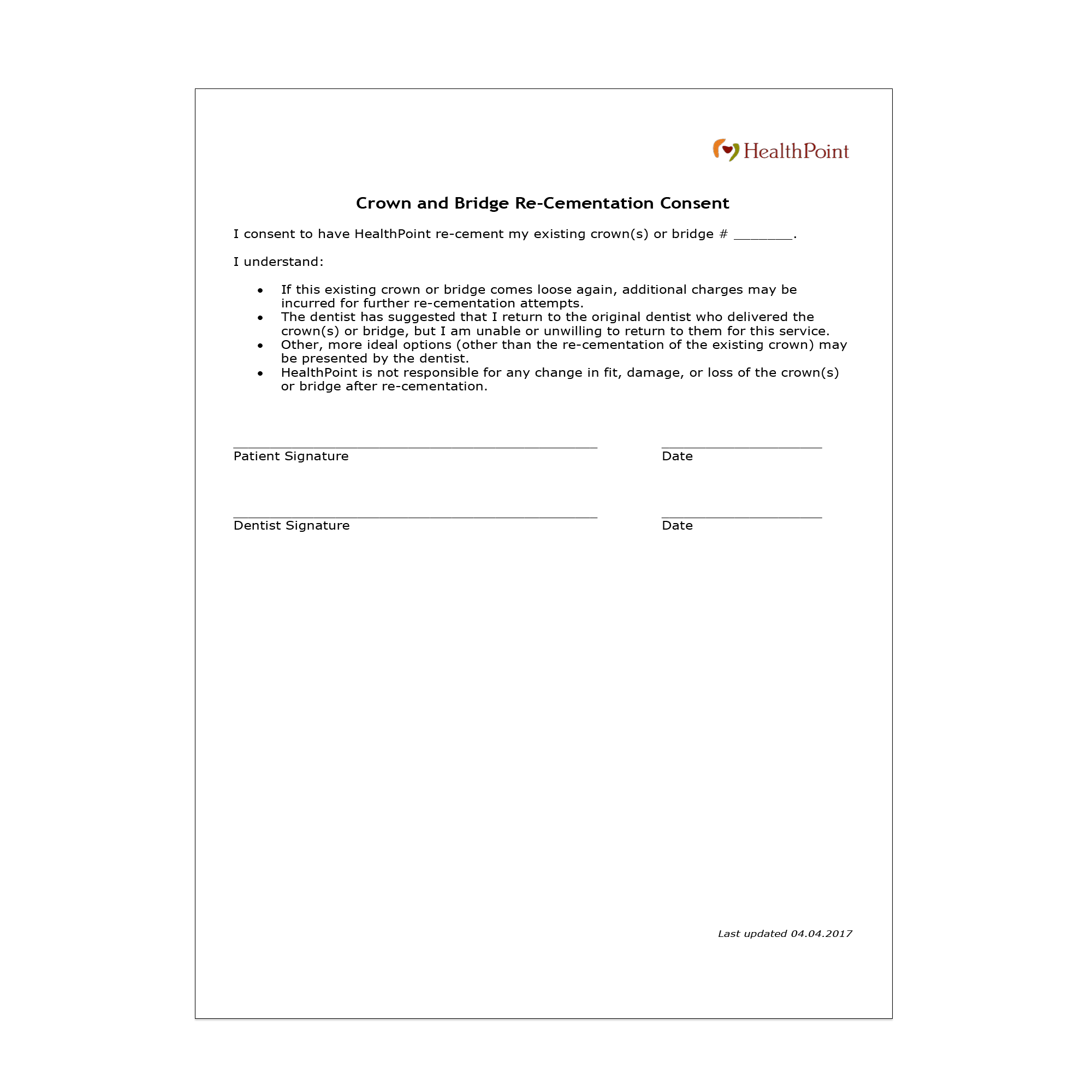 Crown And Bridge Re Cementation Consent