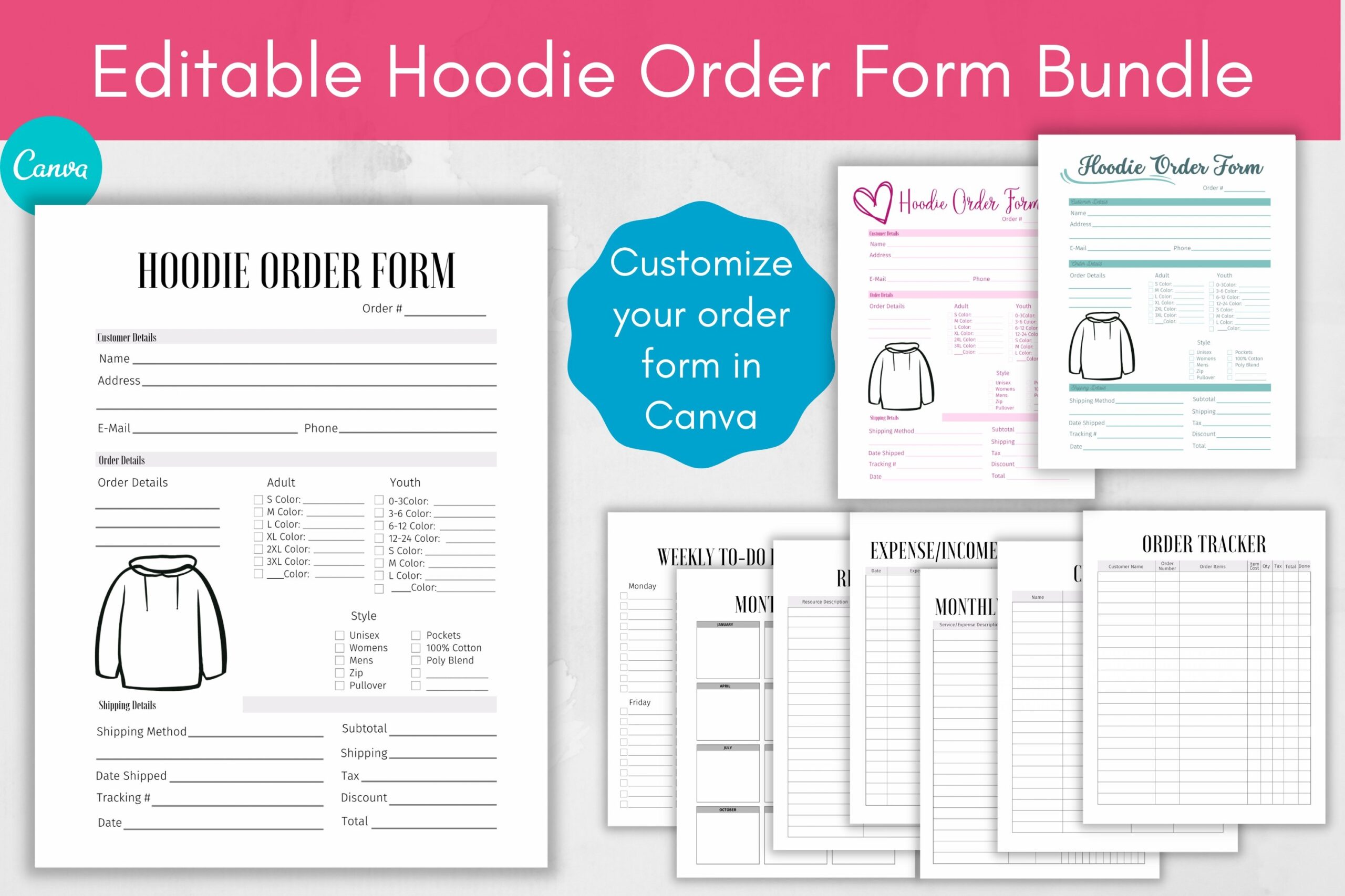 Custom Hoodie Order Form And Trackers Canva Template
