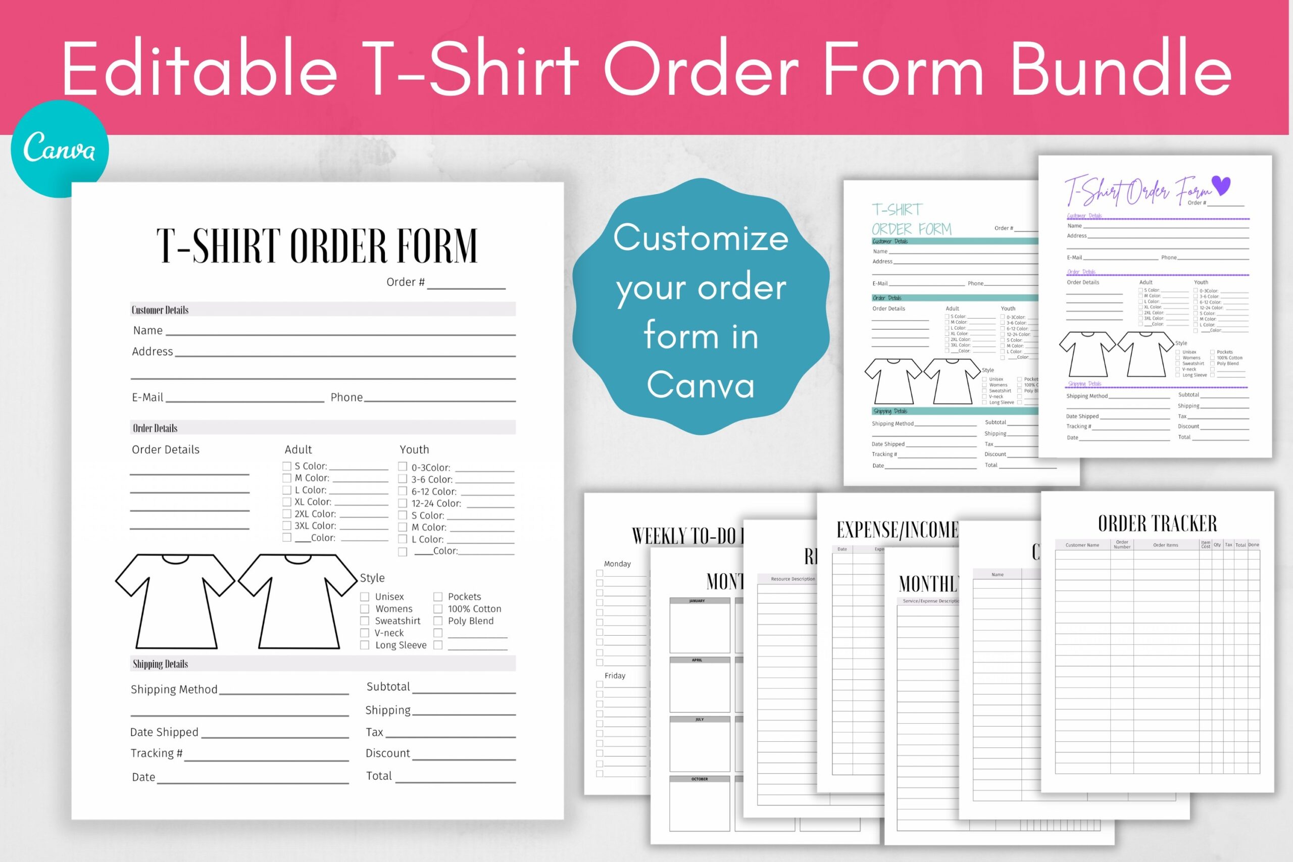 Custom T shirt Order Form And Trackers Canva Template