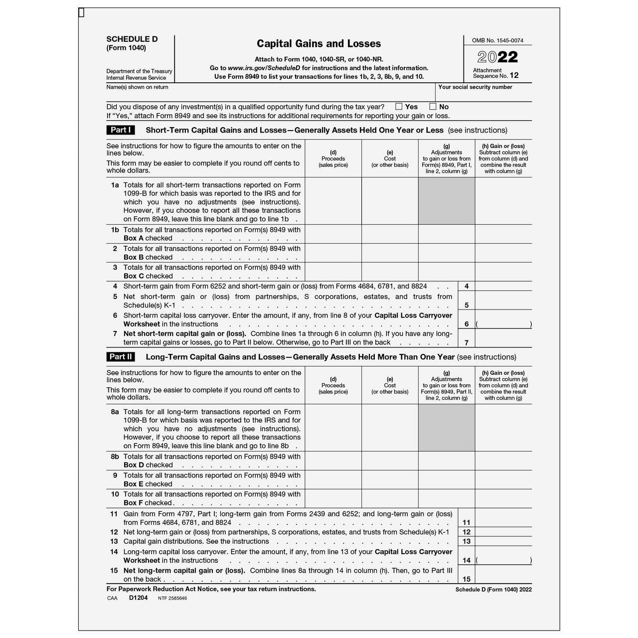 D1204 Form 1040 Schedule D Capital Gains And Losses Worksheets Library