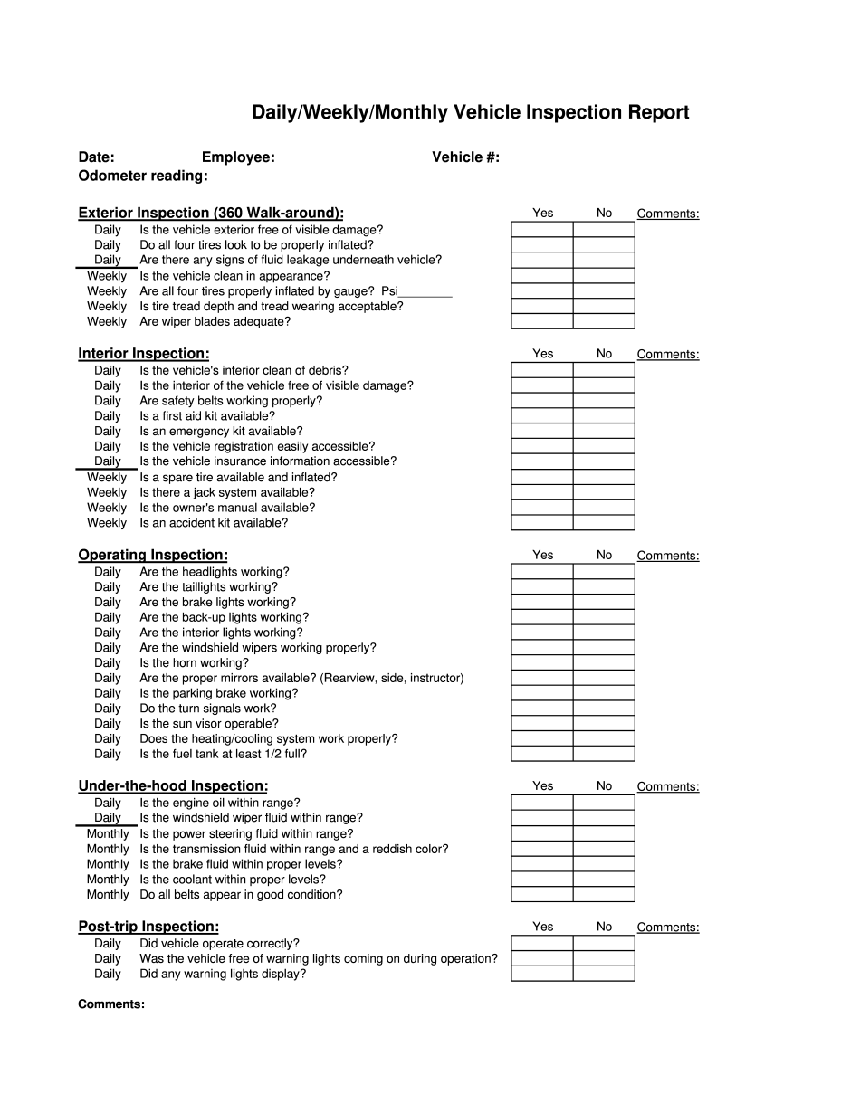 Daily Weekly Monthly Vehicle Inspection Report Form Printable 