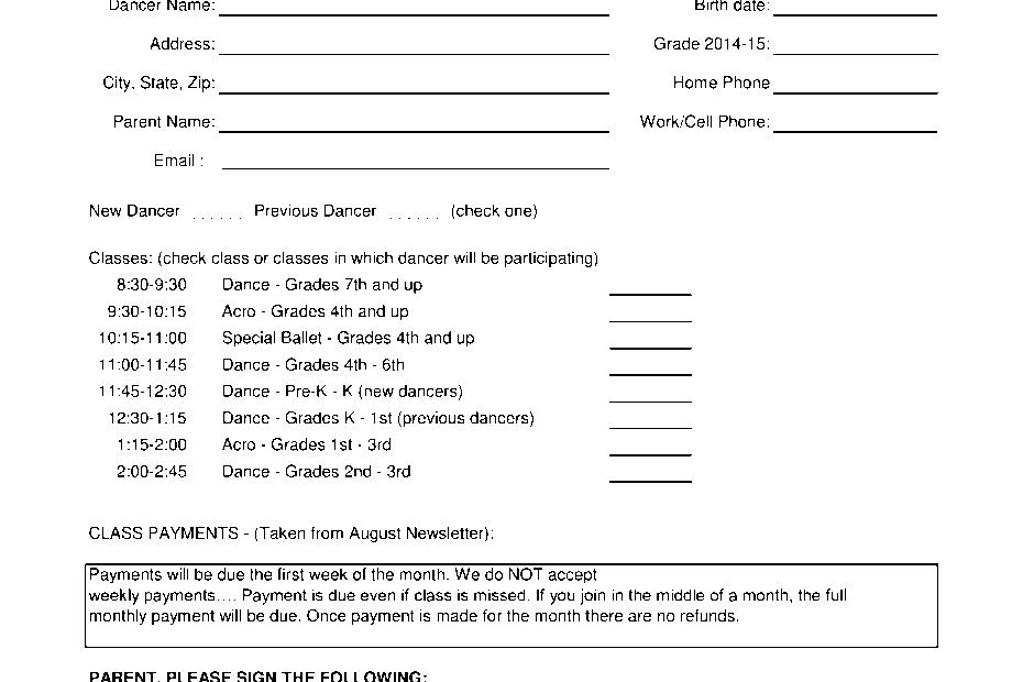 Dance School Registration Form Templates At Allbusinesstemplates