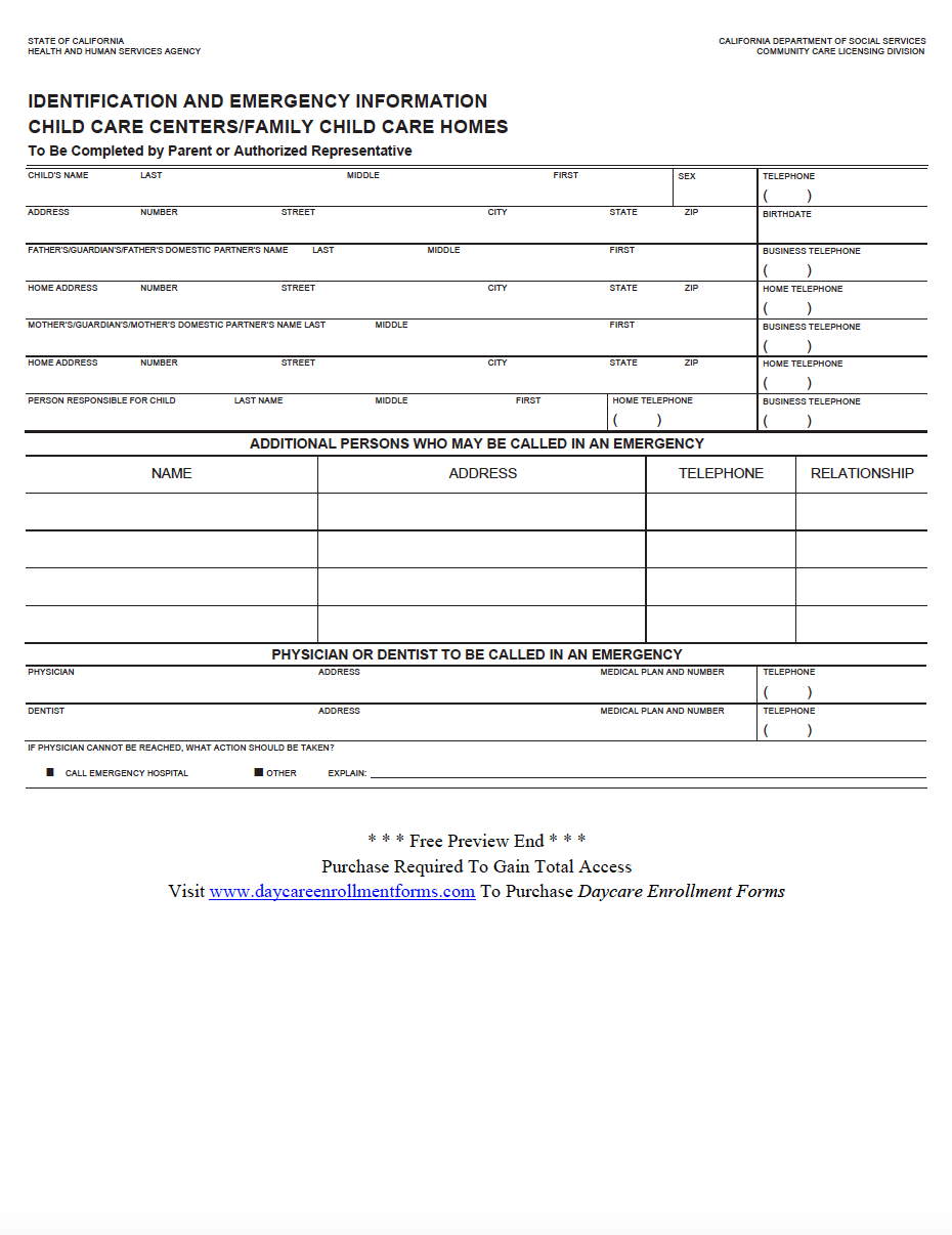 Daycare Enrollment Forms Child Care Registration Forms 