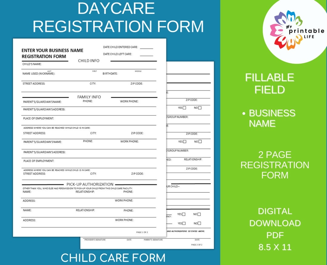 DAYCARE REGISTRATION FORM Fillable Business Name Printable Child Care Paperwork Etsy
