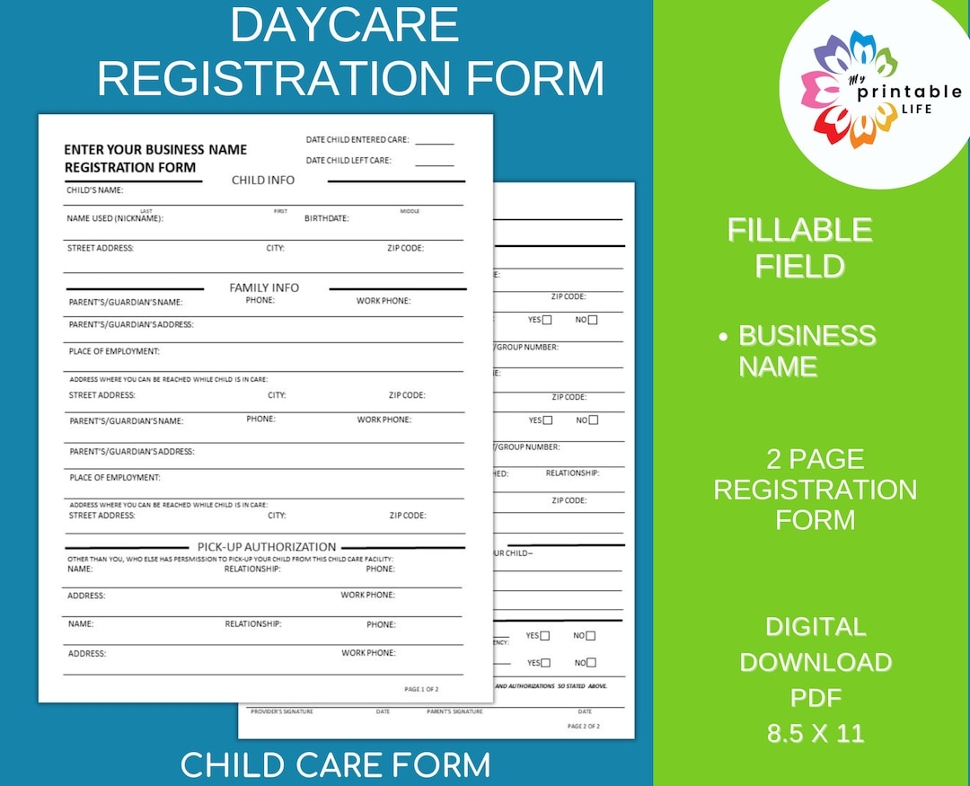 DAYCARE REGISTRATION FORM Fillable Business Name Printable Child Care Paperwork Etsy