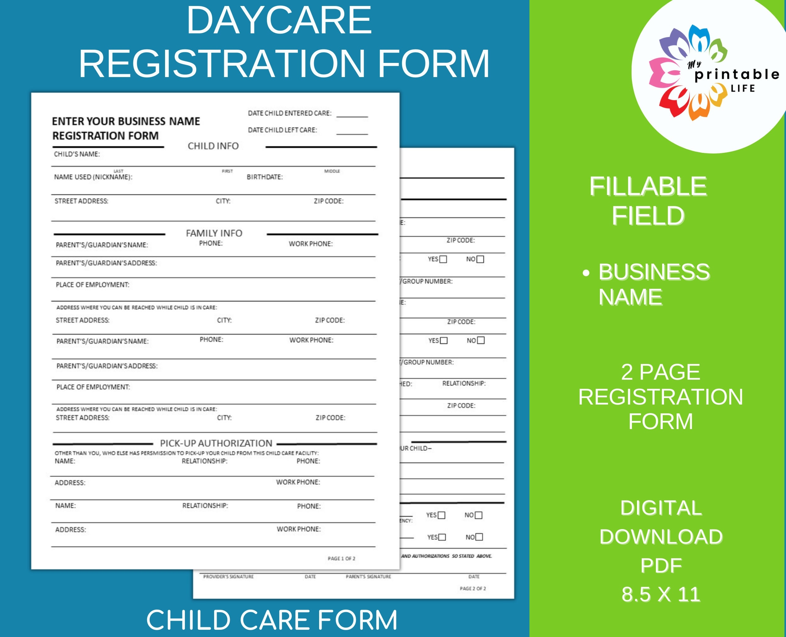 DAYCARE REGISTRATION FORM Fillable Business Name Printable Child Care Paperwork Etsy