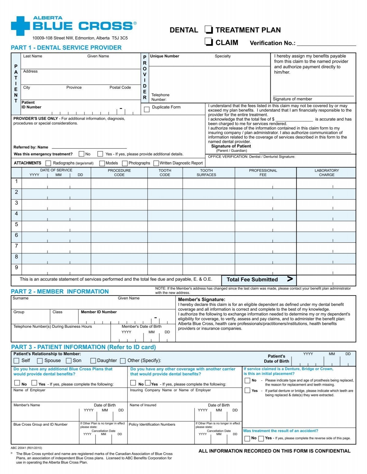 Dental Claim Form Alberta Blue Cross