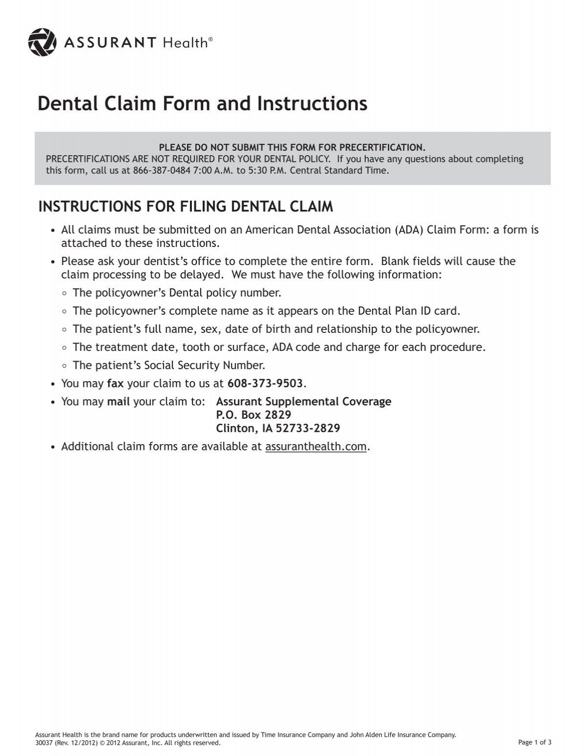 Dental Claim Form And Instructions Assurant Health