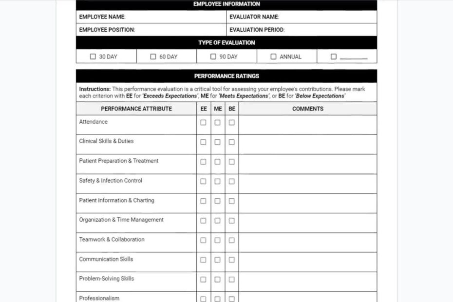 Dental Employee Performance Evaluation Form Dental Staff Performance Review Sheet Dental Team Performance Assessment Form Staff Feedback
