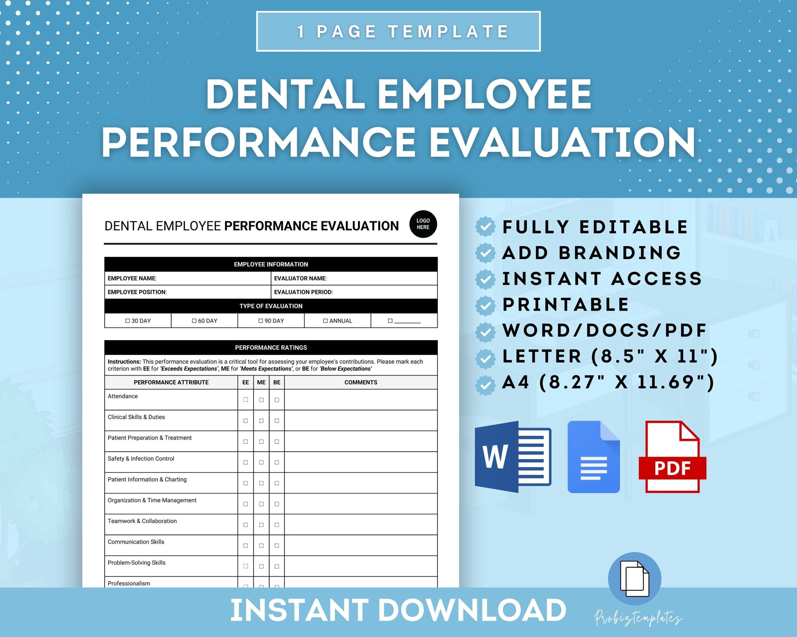 Dental Employee Performance Evaluation Form Dental Staff Performance Review Sheet Dental Team Performance Assessment Form Staff Feedback Etsy