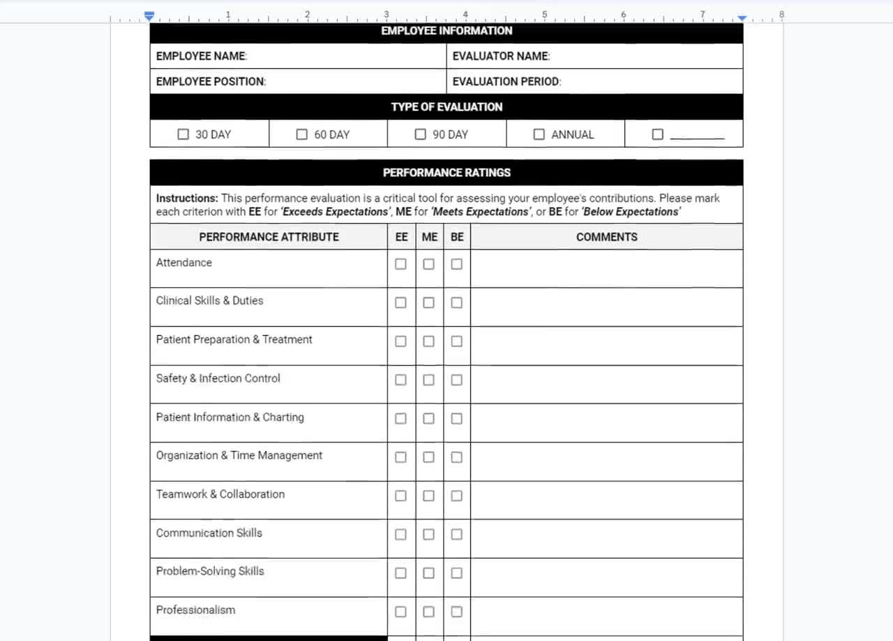Dental Employee Performance Evaluation Form Dental Staff Performance Review Sheet Dental Team Performance Assessment Form Staff Feedback