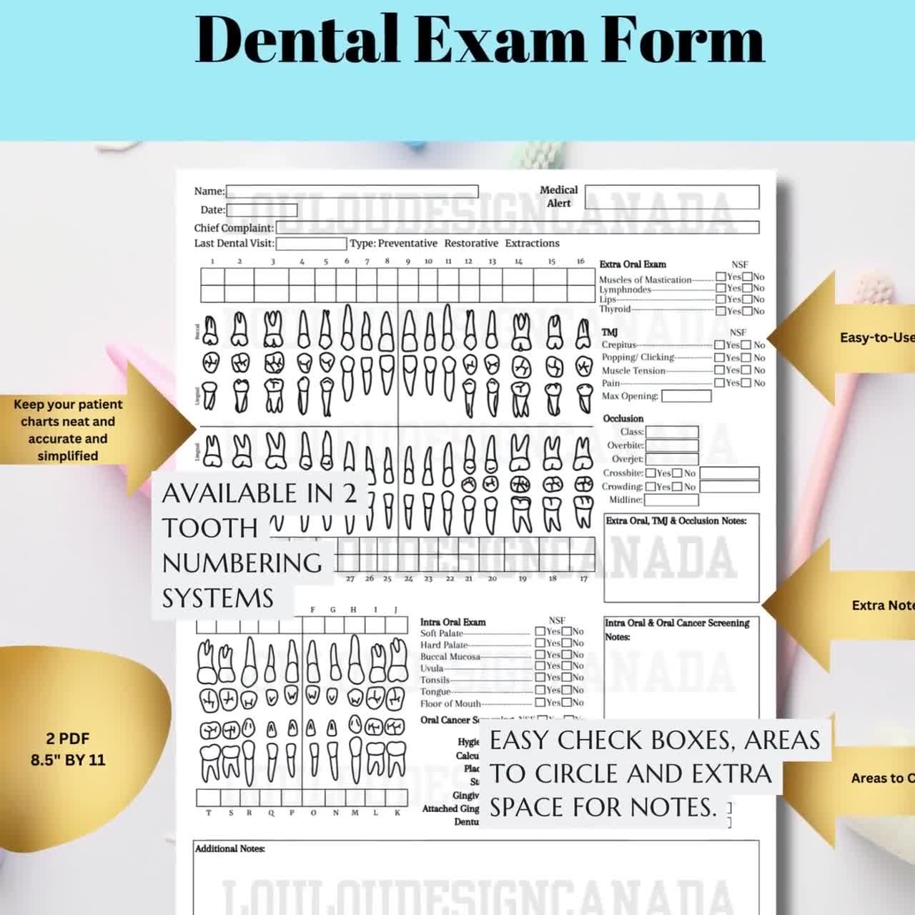 Dental Exam Form Patient Examination Form Dental Chart Dentist Documentation Template Complete Oral Exam Dental Hygiene Record COE