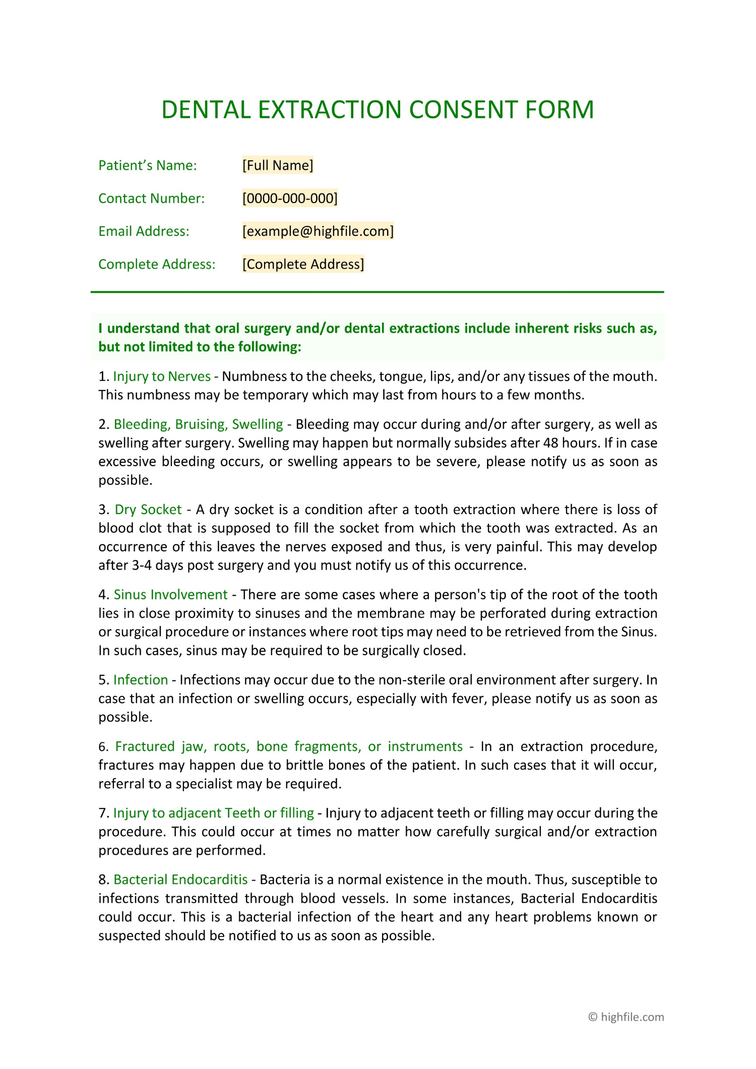 Dental Extraction Consent Form Word PDF Google Docs Highfile