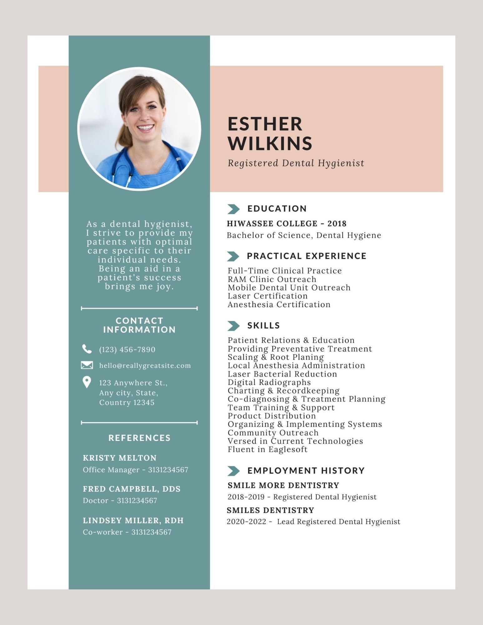 Dental Hygienist Resume Template Etsy