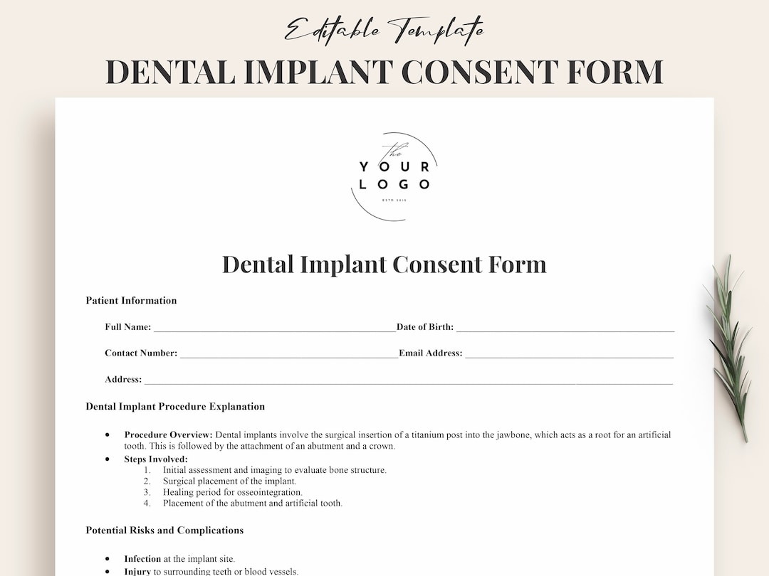 Dental Implant Consent Form Template PDF Printable Patient Agreement Oral Surgery Document Customizable Dental Office Forms Word Etsy
