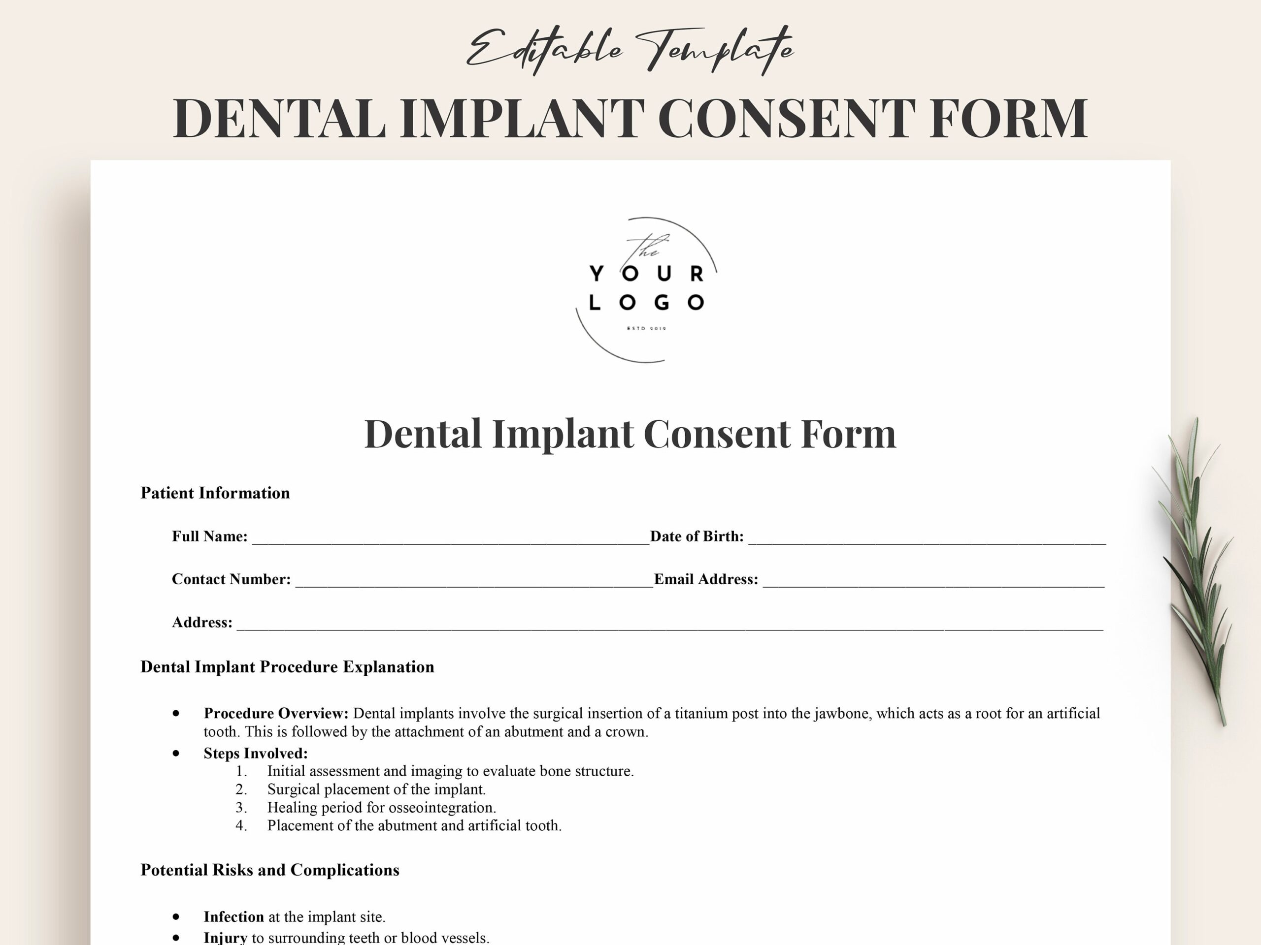 Dental Implant Consent Form Template PDF Printable Patient Agreement Oral Surgery Document Customizable Dental Office Forms Word Etsy