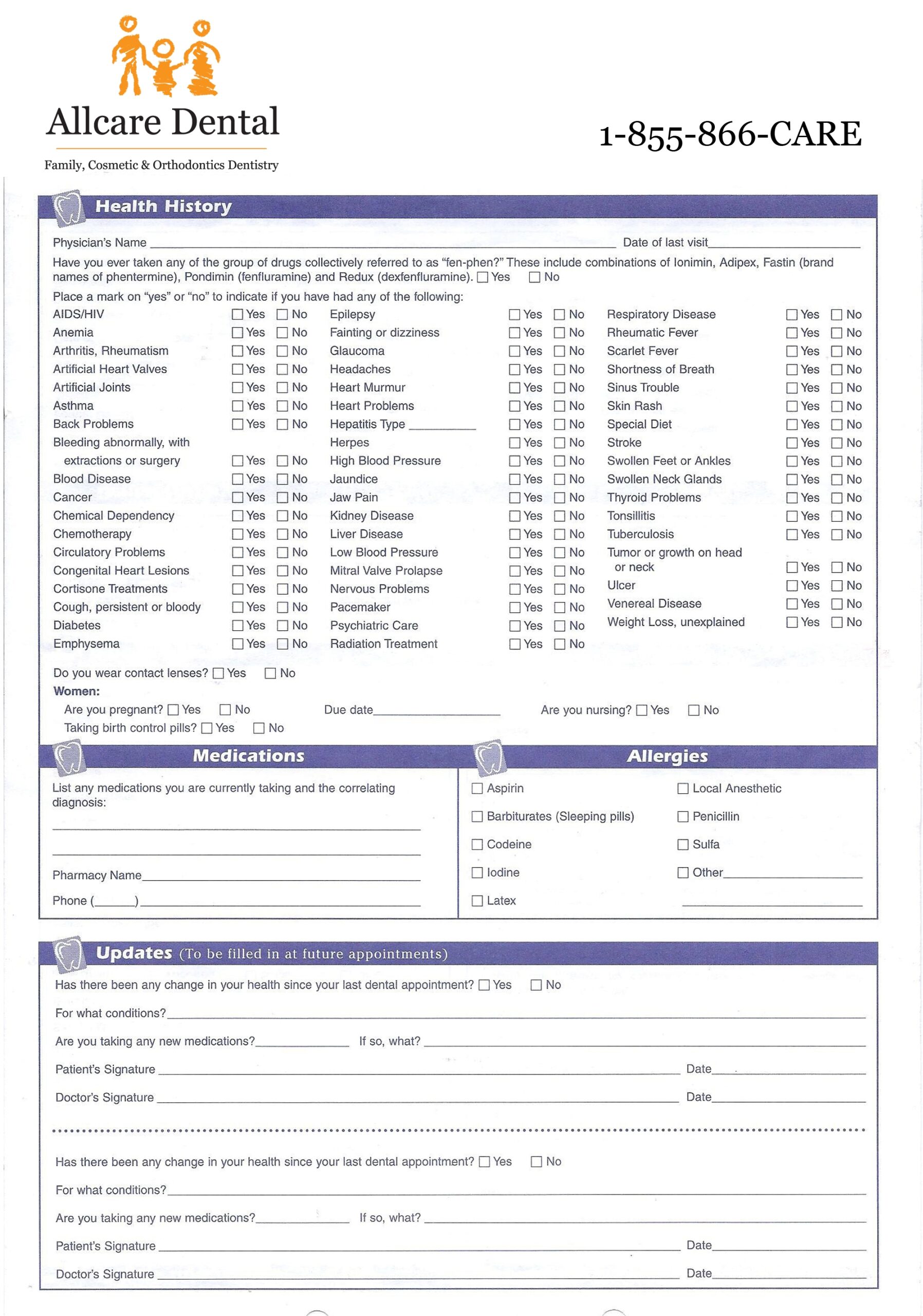 Dental Insurance Medical History Form For Dental Office Templates Free Printable Icono X