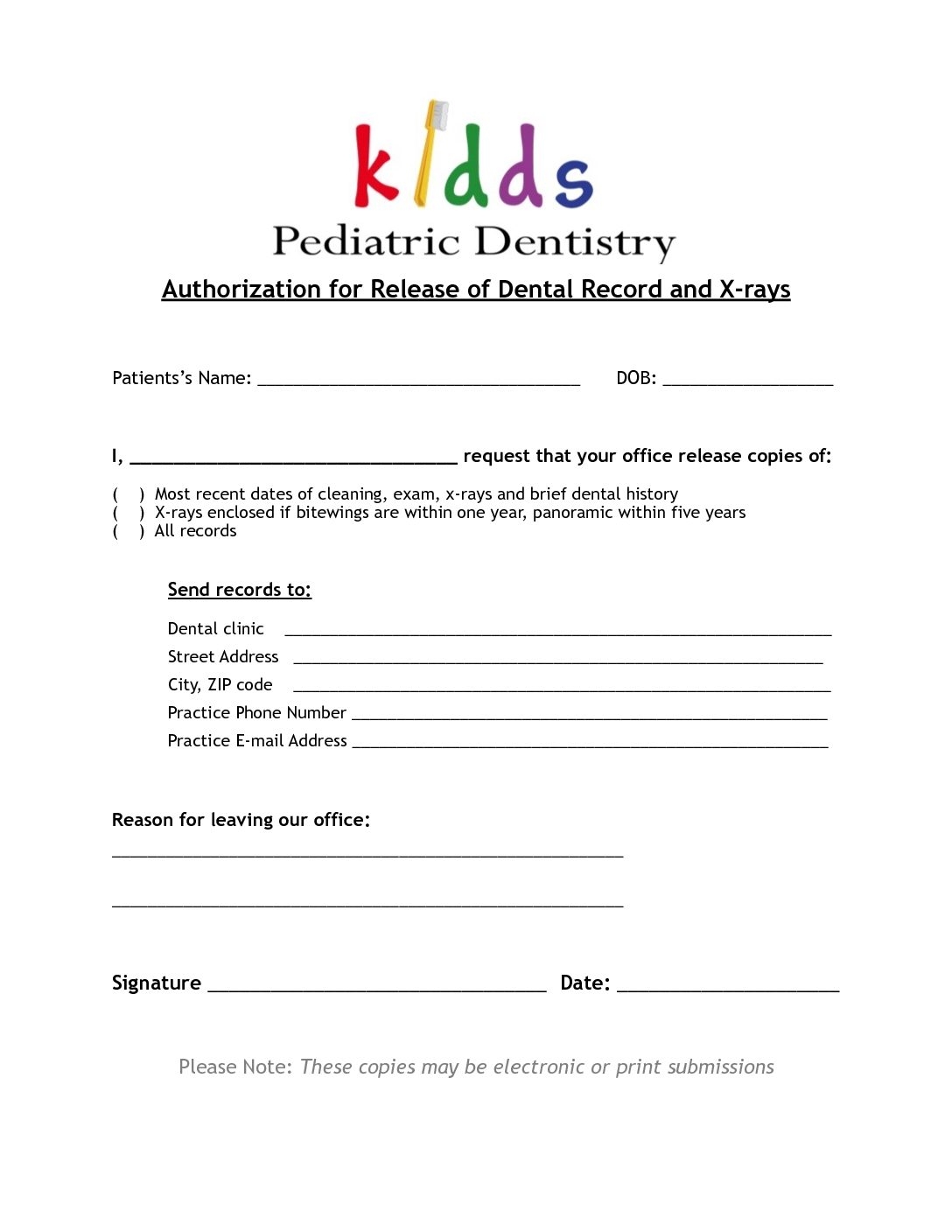 Dental Kidds Record Release Form Dental Kidds Pediatric 
