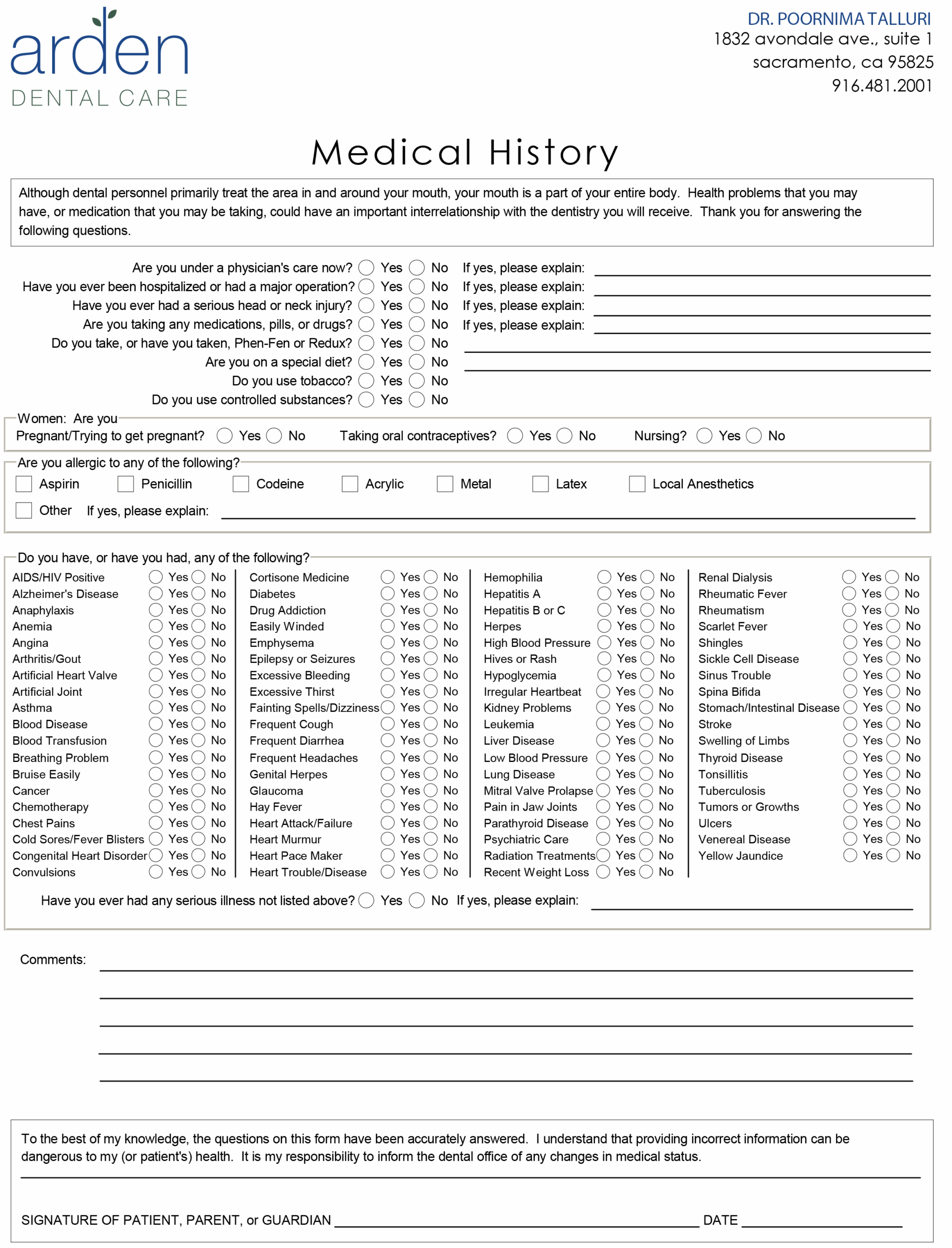 Dental Patient Forms In Sacramento CA Arden Dental Care