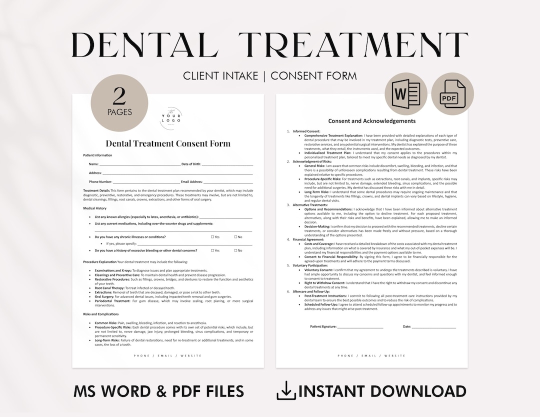 Dental Treatment Consent Form PDF Editable And Printable Dental Procedure Agreement Instant Download Professional Dental Office Forms Etsy