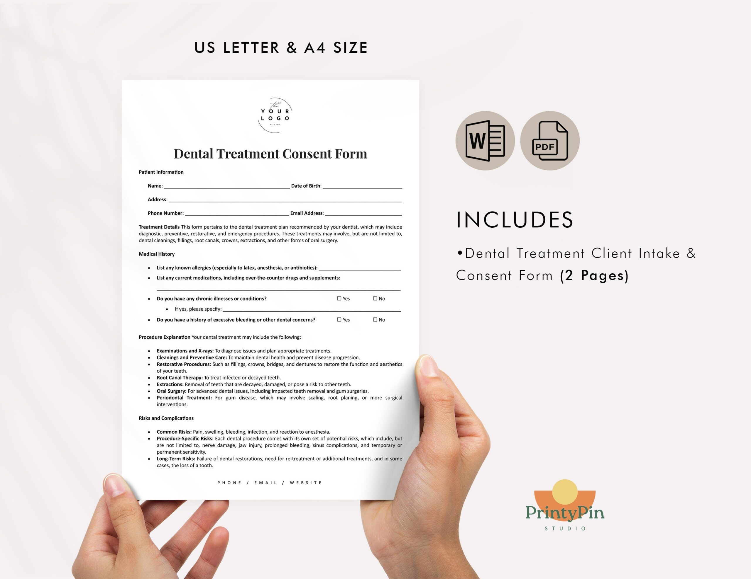 Dental Treatment Consent Form PDF Editable And Printable Dental Procedure Agreement Instant Download Professional Dental Office Forms Etsy