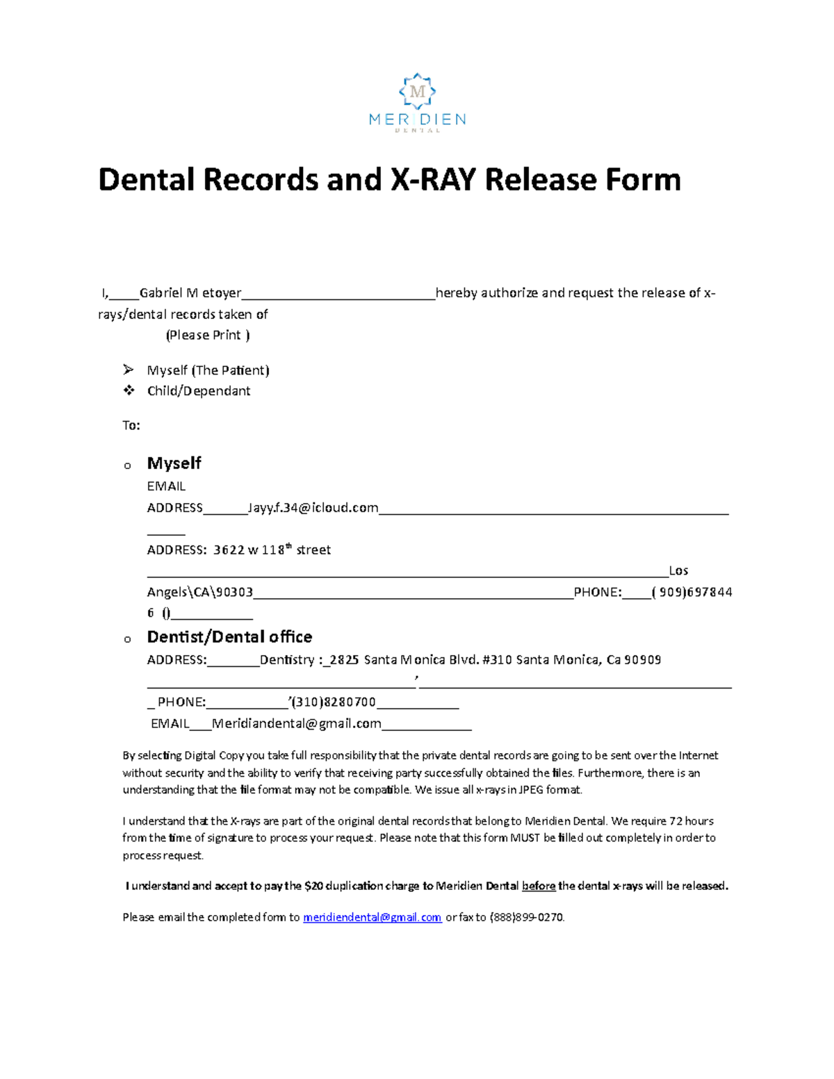 Dental X Ray Release Form Form