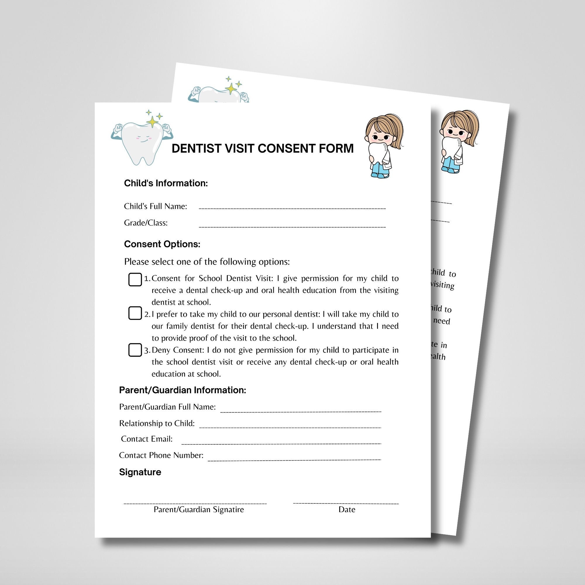Dentist Visit Consent Form School Dental Check ups Oral Health For Students Etsy