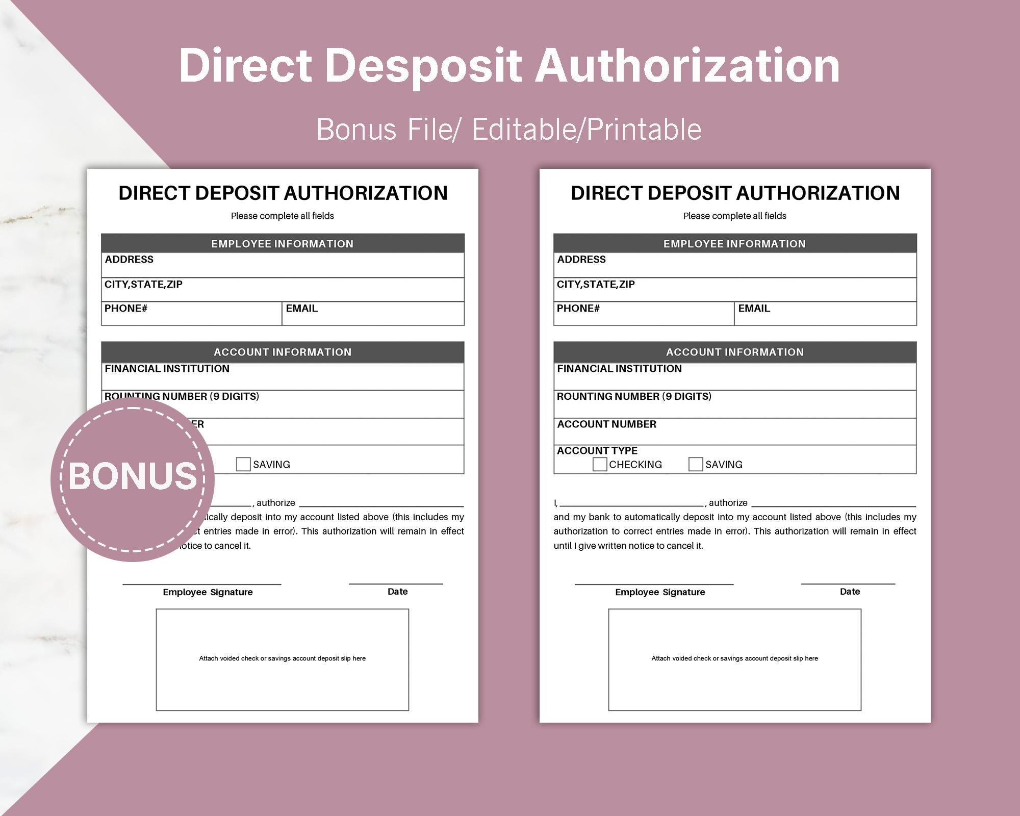 Direct Deposit Authorization Bank Transfer Consent Payment Approval Form Automatic Payment Authorization Employee Direct Deposit Form